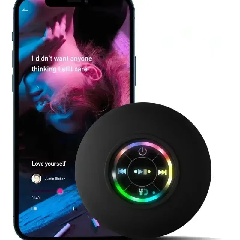 Black waterproof Bluetooth speaker with suction cup on shower wall - rechargeable USB speaker - BibangS