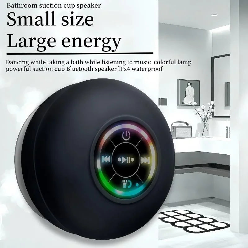 Black Bluetooth shower speaker side view with suction cup mount - compact portable speaker - BibangS
