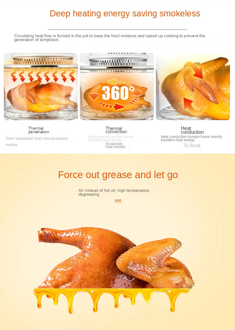 12L Glass Air Fryer cooking whole roasted chicken – Oil-Free Electric Oven 1200W.
