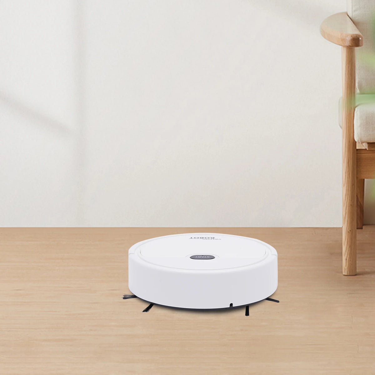 KT205 robot vacuum cleaner cleaning a hallway floor.
