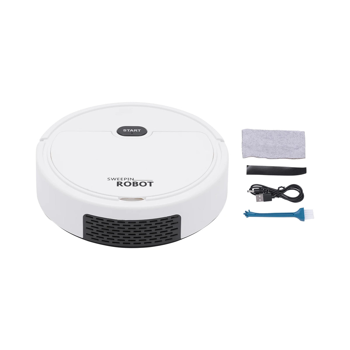KT205 mini robot vacuum cleaner with cleaning brush, charging cable and cloth.
