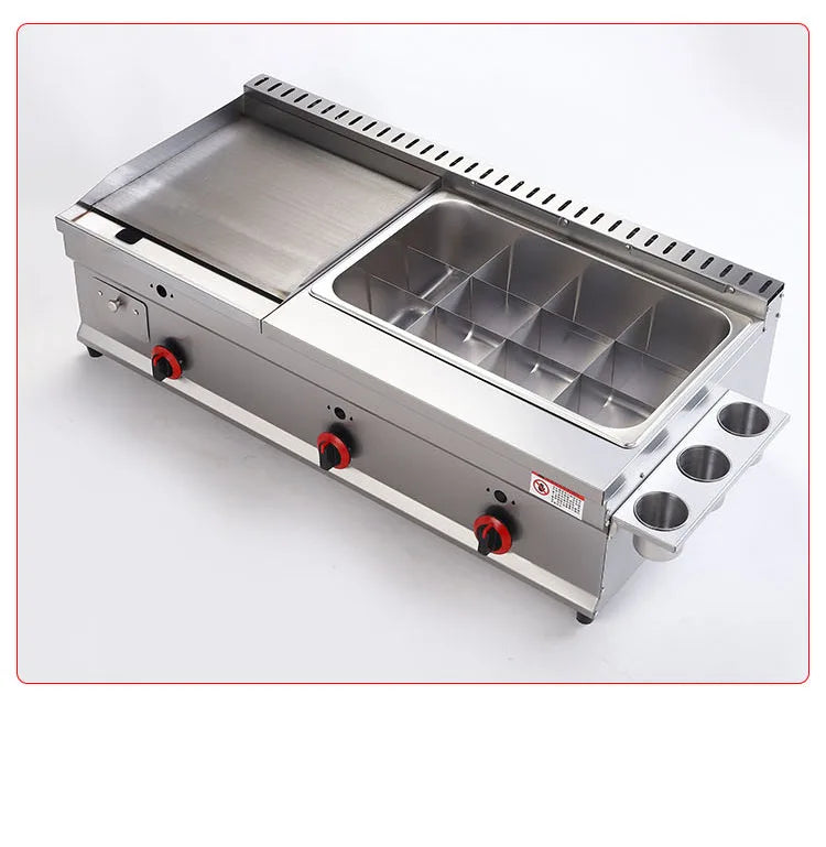 Gas griddle combo 73cm with oil drain box and cooling ventilation holes.


