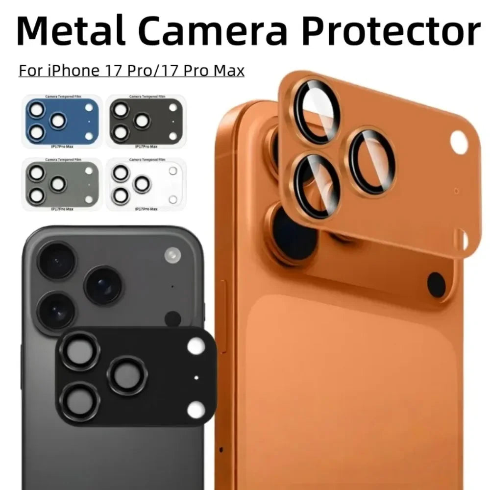 
iPhone 17 Pro Max lens protector aluminum metal ring close-up detail.
