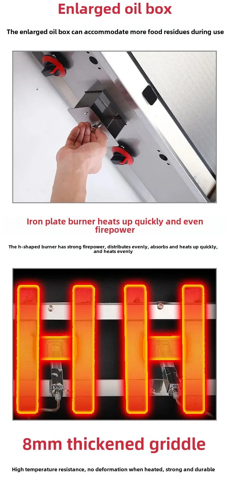 Gas griddle combo front view red knobs and oil box for catering.

