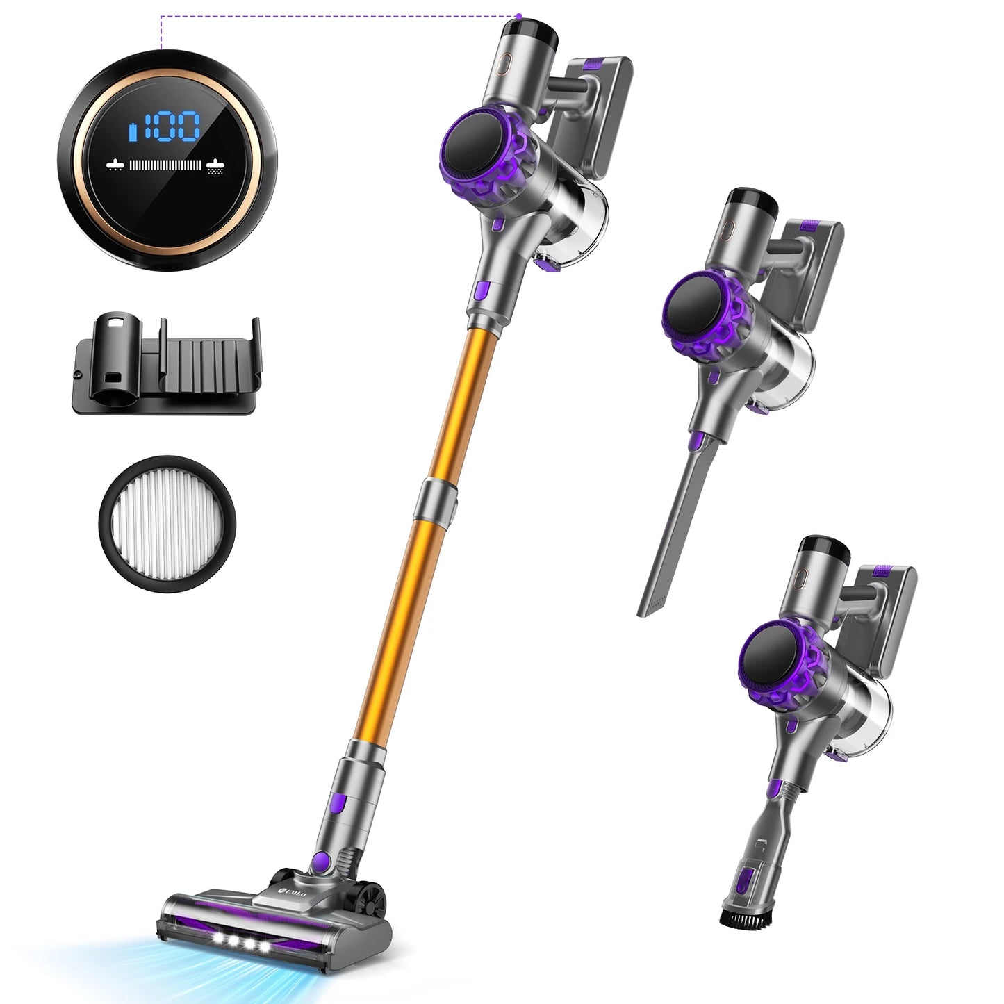 
YISORA rechargeable vacuum cleaner with removable battery and charging station.
