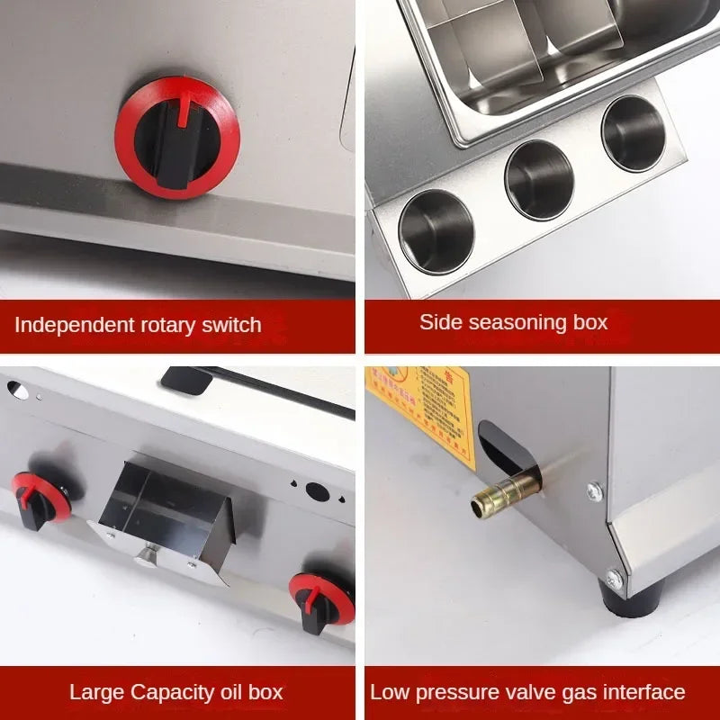 Professional gas griddle combo with cooling holes and oil inlet for food truck.

