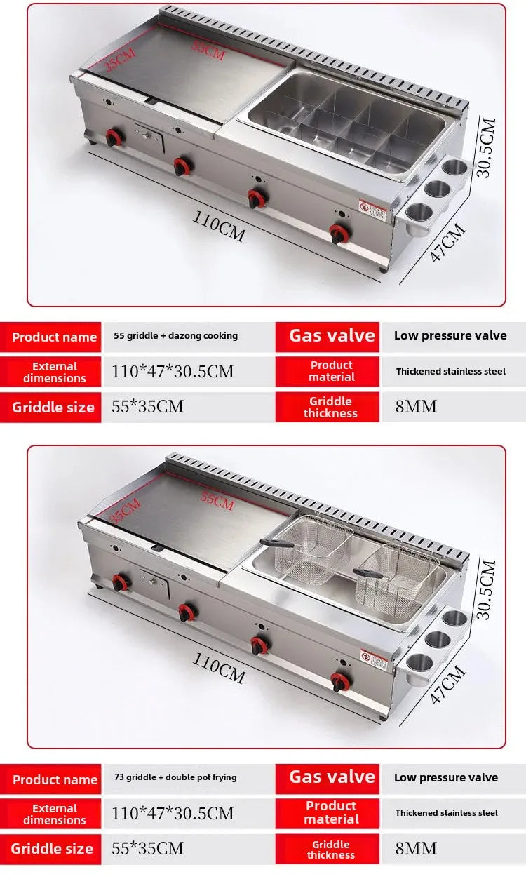 Flat top gas grill stainless steel with fire holes and independent knob controls.


