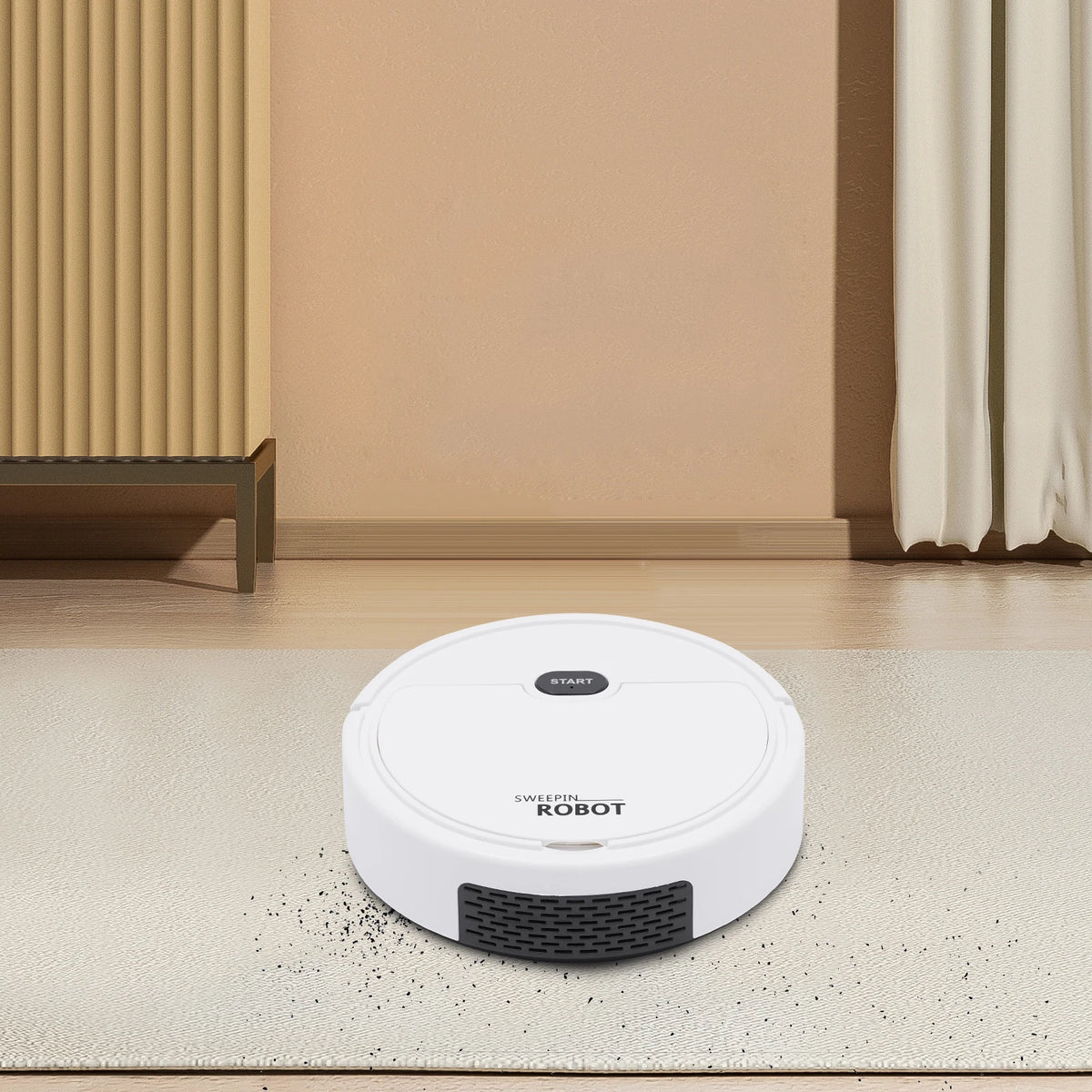 KT205 compact robot vacuum cleaner cleaning around furniture on a hard floor.
