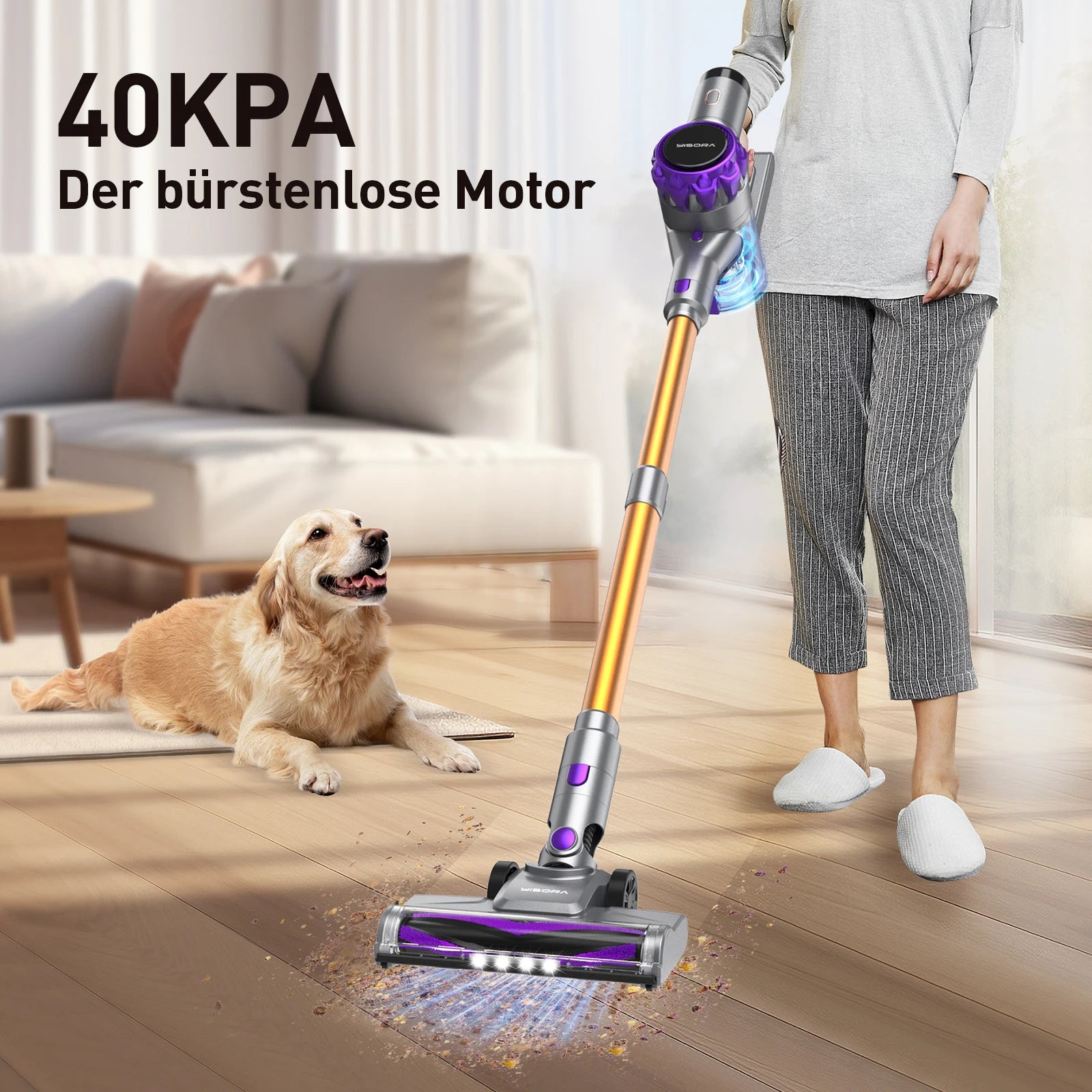 
YISORA wireless vacuum cleaner removing pet hair from carpet with powerful 30Kpa suction.
