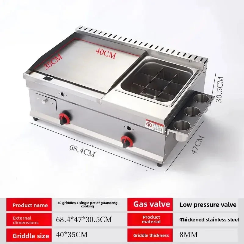 Gas griddle fryer combo stainless steel with seasoning holders for live cooking station.

