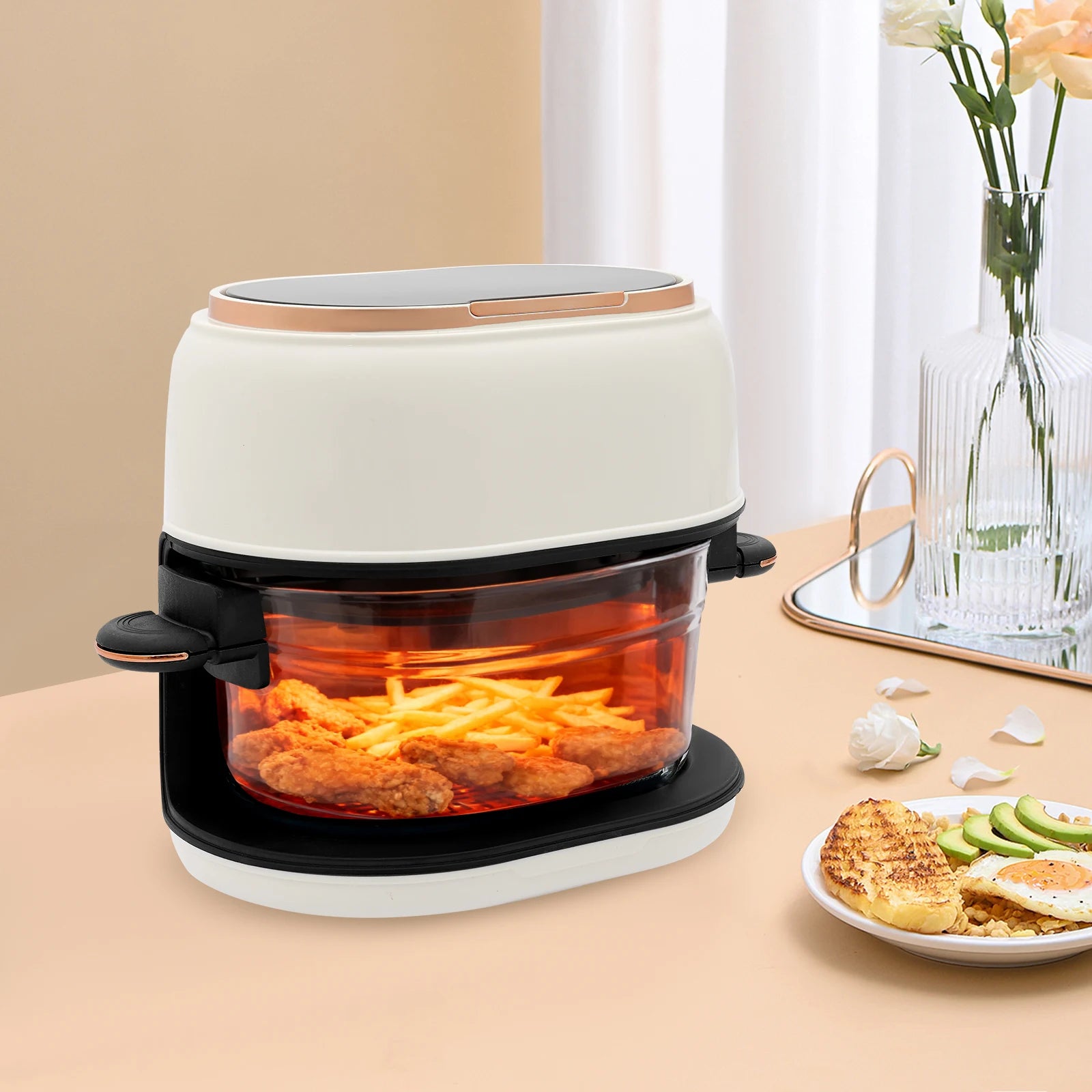 Touchscreen air fryer black model LED display close-up.
