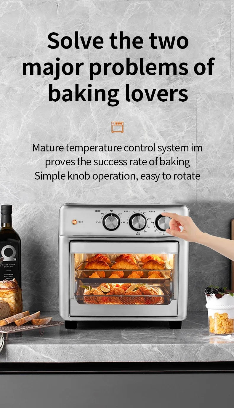 Air fryer oven 26L with visible window showing food cooking inside.

