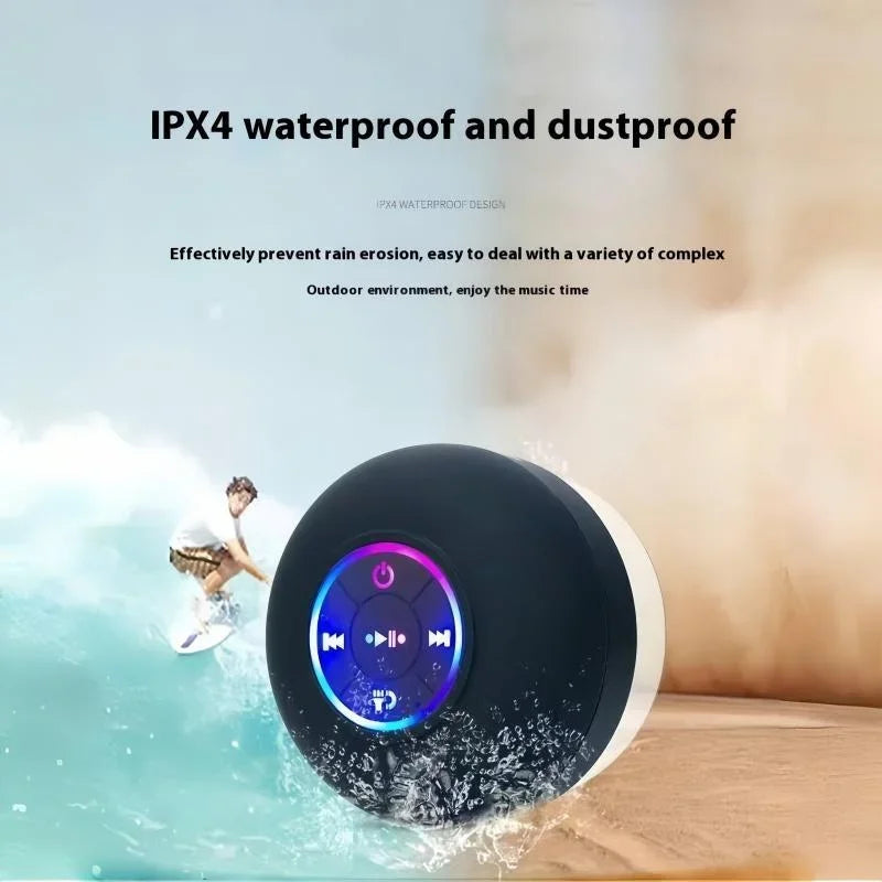 Black shower speaker with rainbow RGB ring mounted on glass - IPX4 waterproof Bluetooth - BibangS
