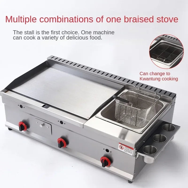 Commercial kitchen gas griddle and deep fryer combo 40cm countertop cooking station.

