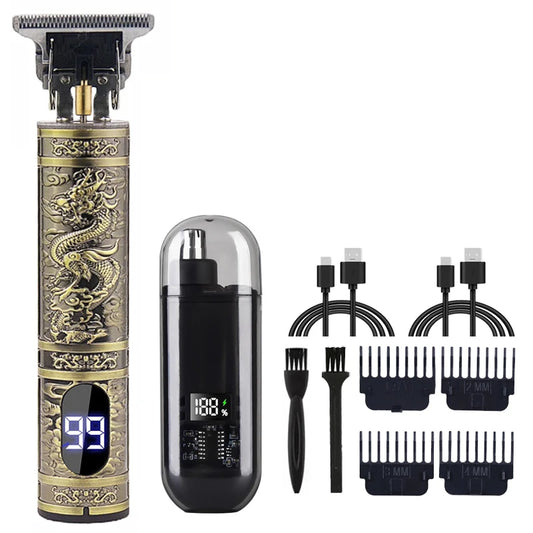 Engraved design hair trimmer with accessories.