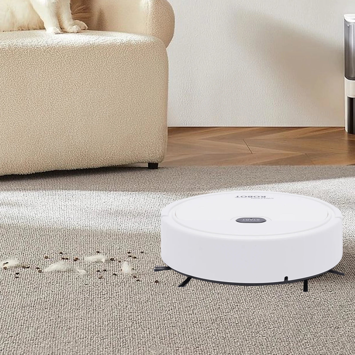 KT205 mini cordless floor cleaner cleaning a living room floor.
