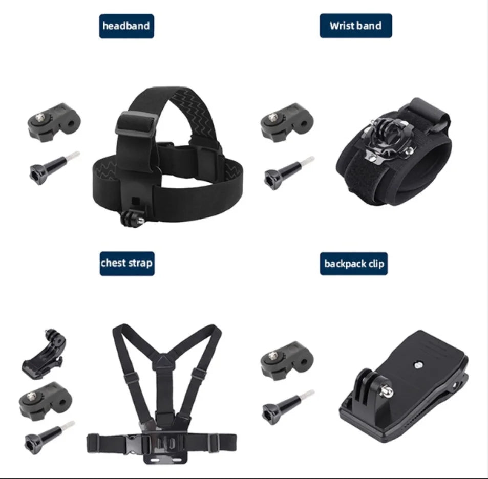 DJI Osmo Nano accessories kit flat lay — cage, bags, cases and mounts on white background.
