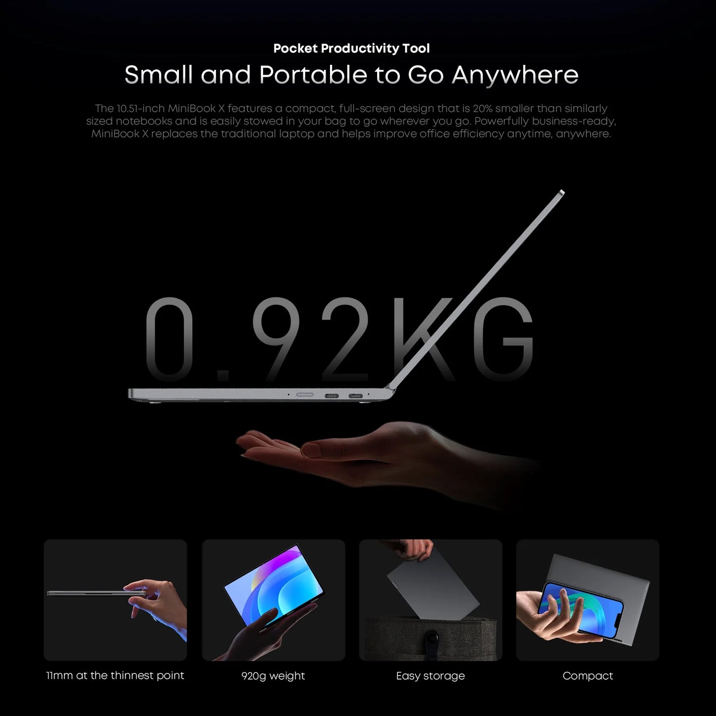 

 CHUWI MiniBook X in laptop mode showing full keyboard and FHD IPS screen.

