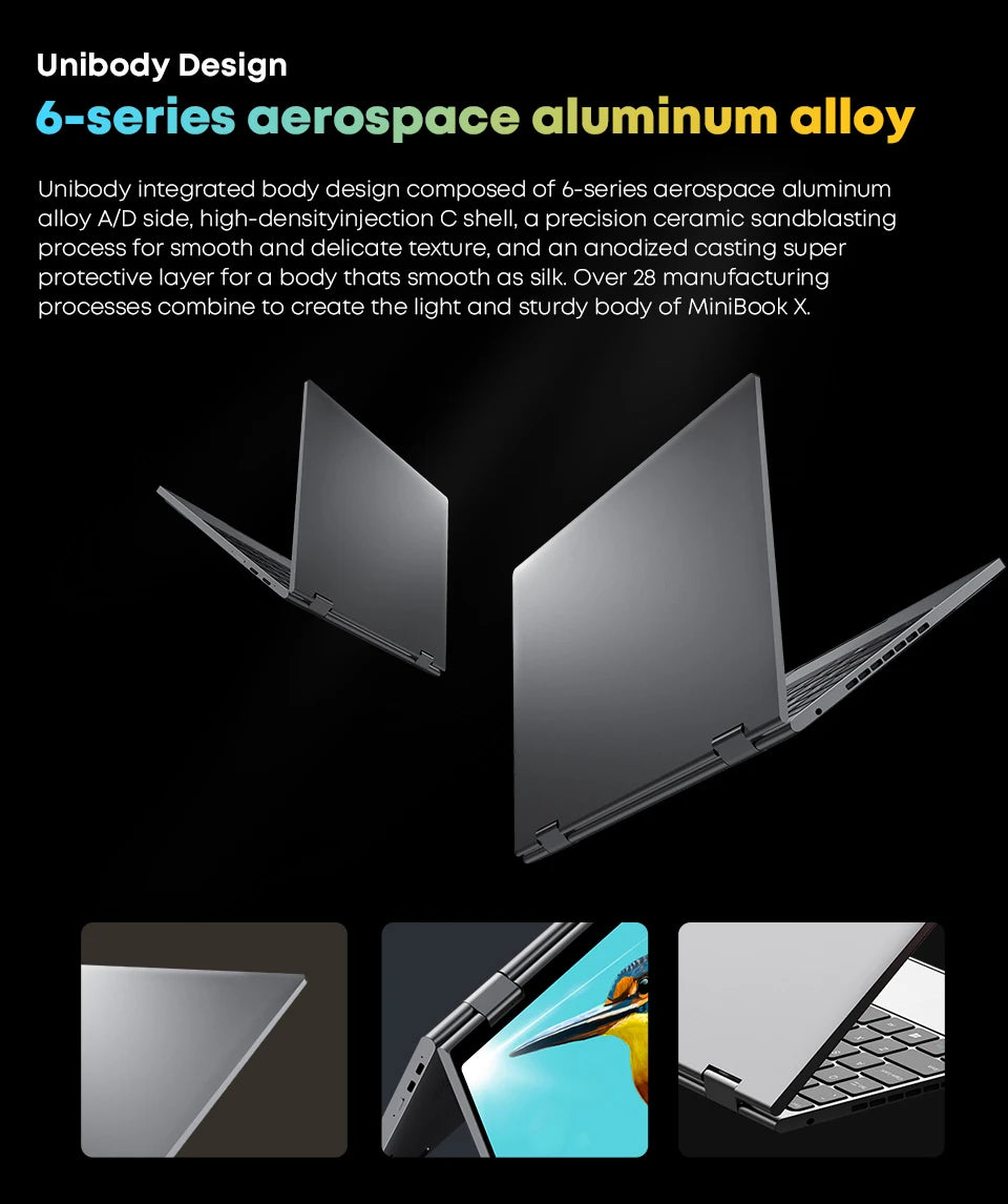 CHUWI MiniBook X package contents including laptop, charger, and accessories.


