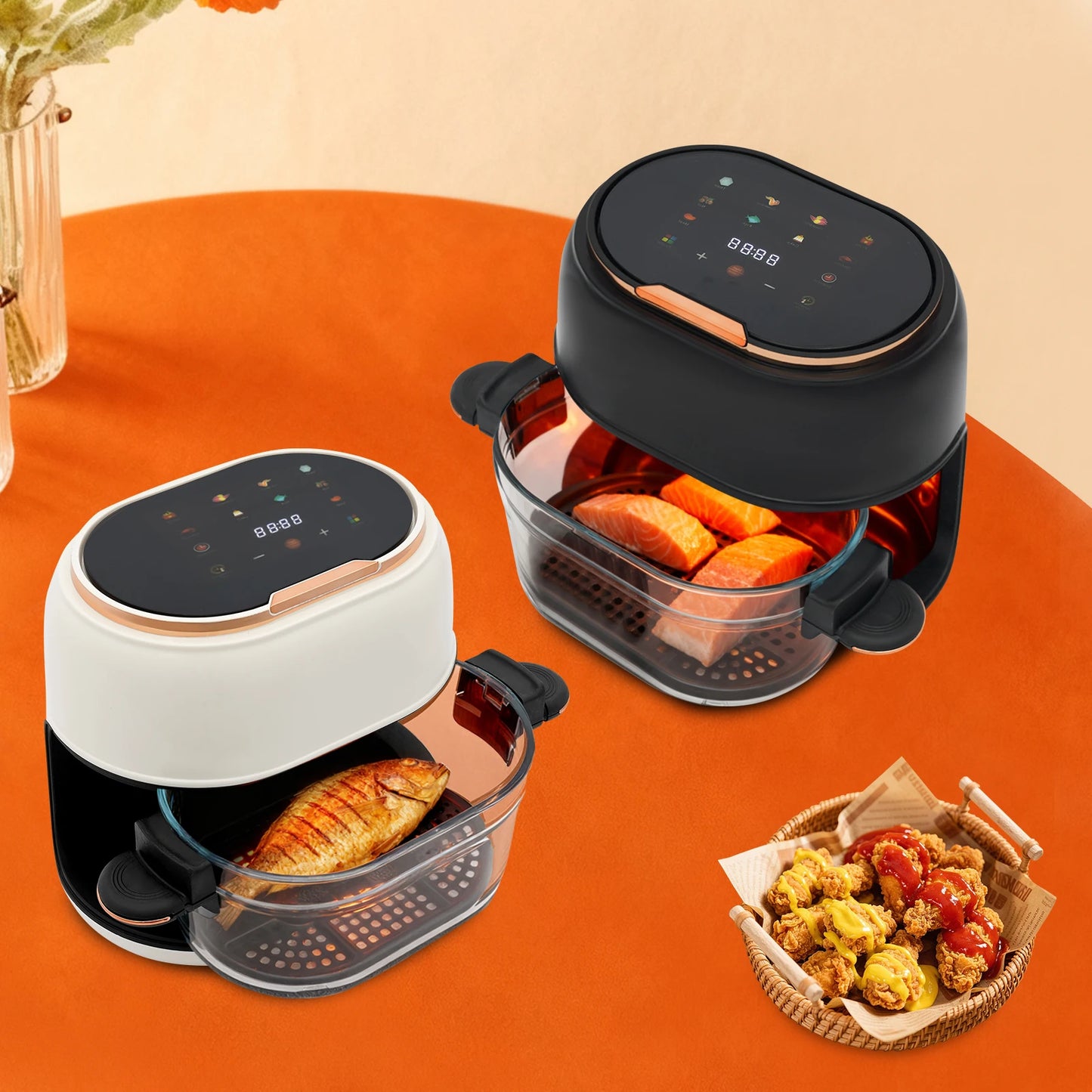 Oil-free air fryer 1350W touchscreen control panel.
