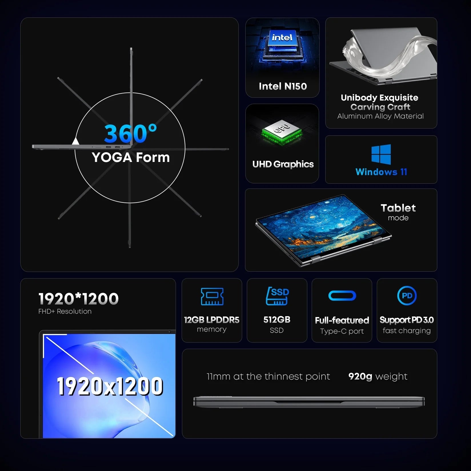 

CHUWI MiniBook X 360-degree YOGA hinge demonstrating tablet mode flexibility.

