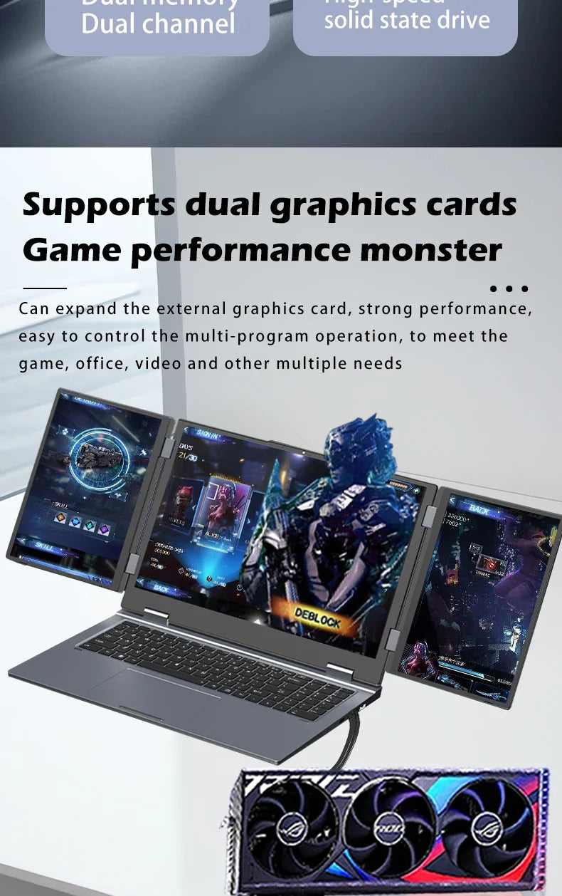 SZBOX MAX16 developer laptop showing code on three screens simultaneously.


