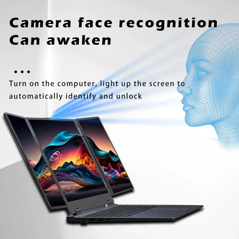 SZBOX MAX16 gaming laptop Intel i5-12450H processor front view showing three displays.

