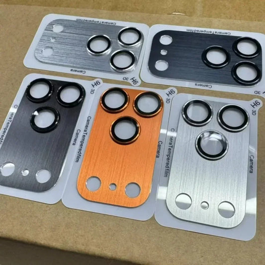 

iPhone 17 Pro Max camera lens protector with 9H tempered glass and aluminum ring - front view.
