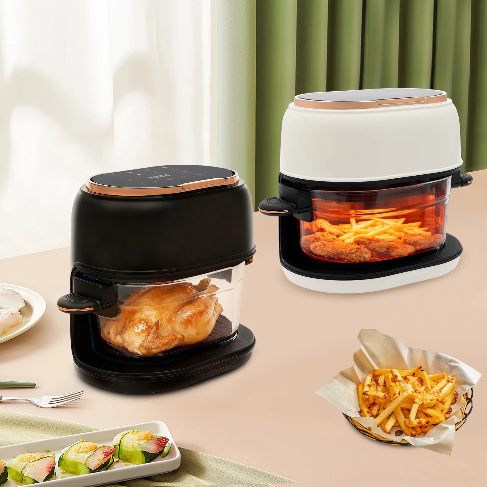 Air fryer 1350W hot air circulation technology diagram.

