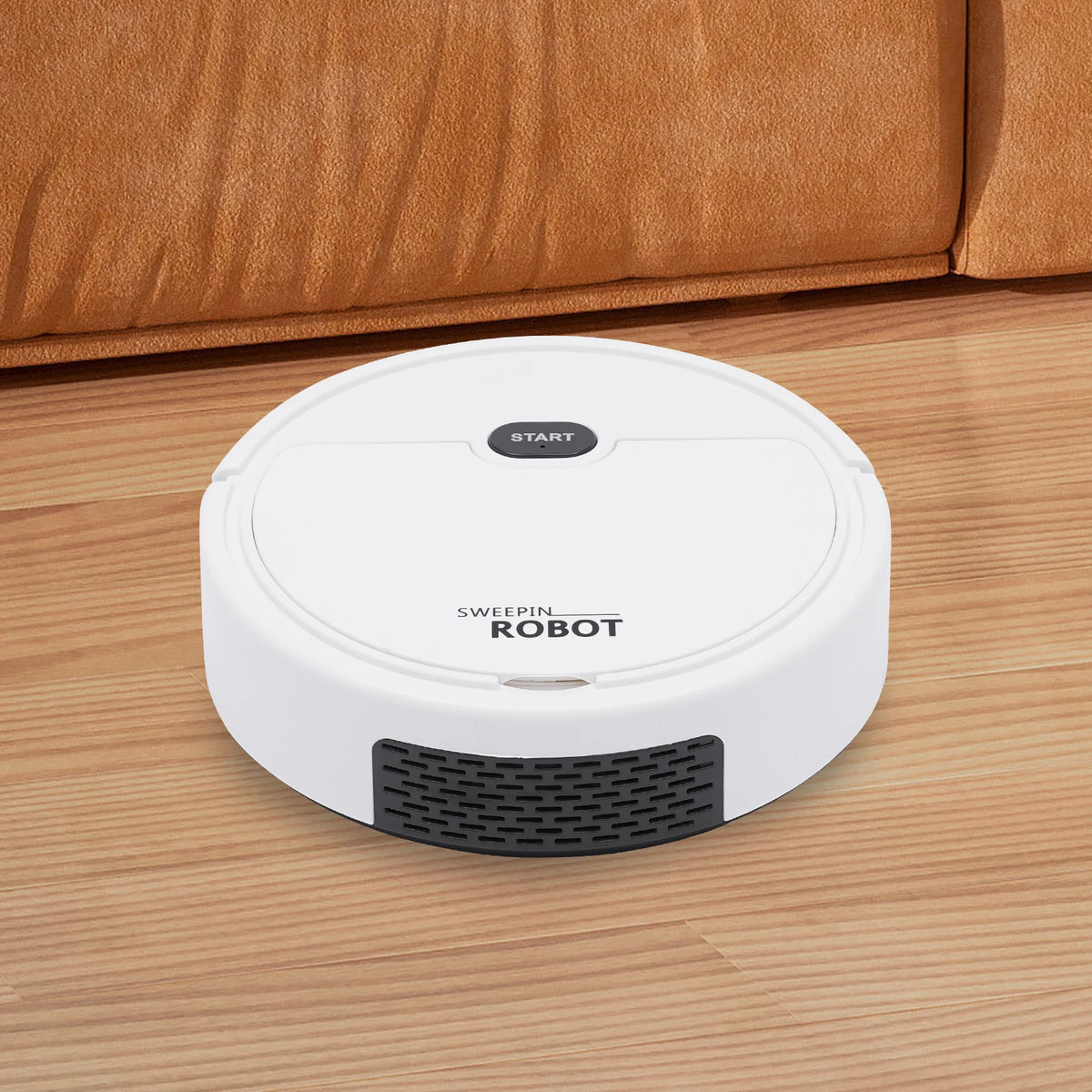 White KT205 cordless robot vacuum cleaner on a wooden floor.
