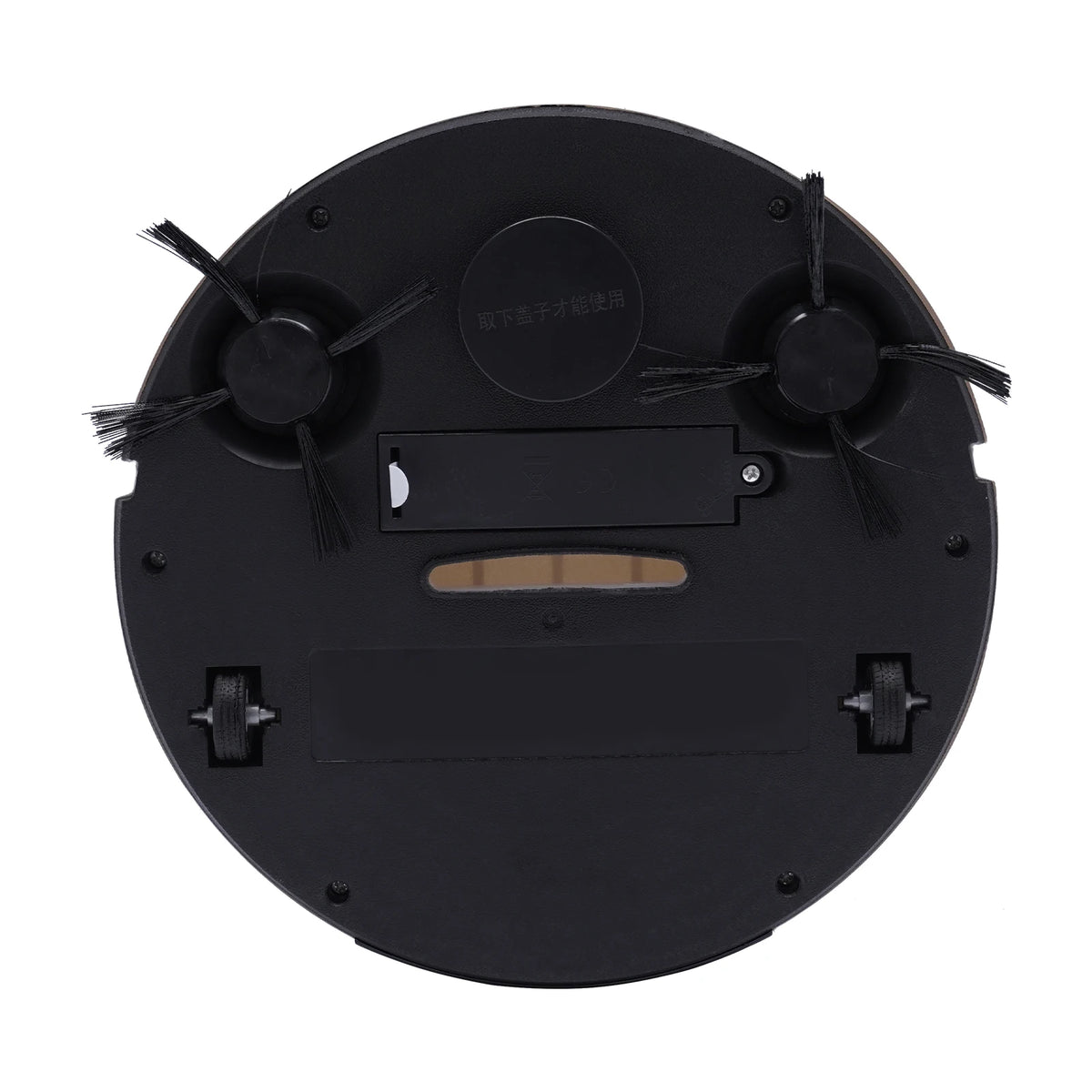 KT205 robot vacuum cleaner underside with wheels and rotating brushes.
