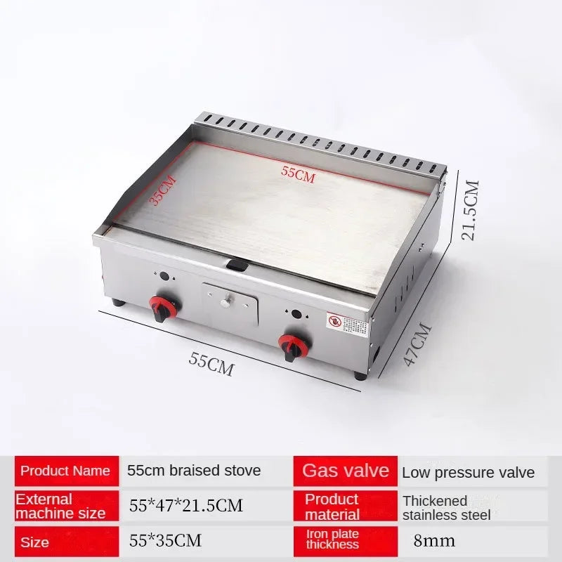Grill flat iron plate with multi-compartment bain-marie and fryer basket.

