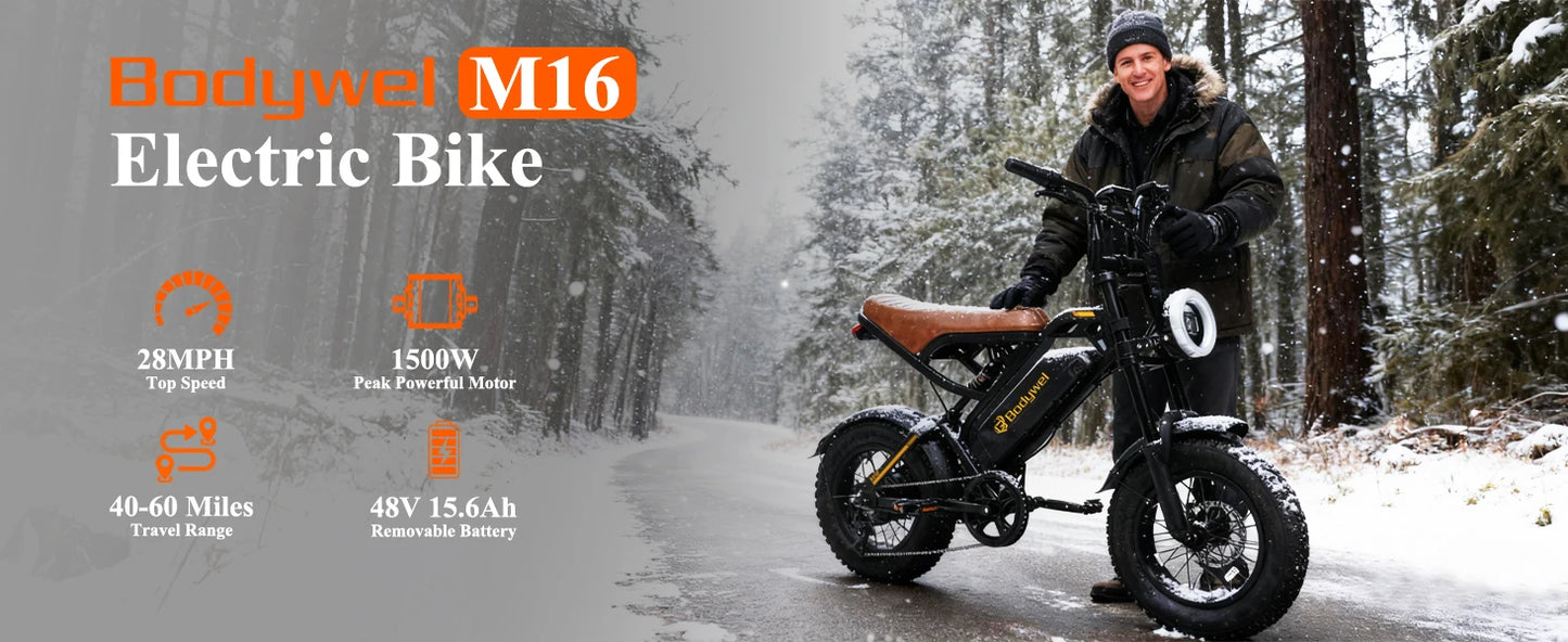 Electric bicycle Bodywel M16 16 inch fat tires detail.

