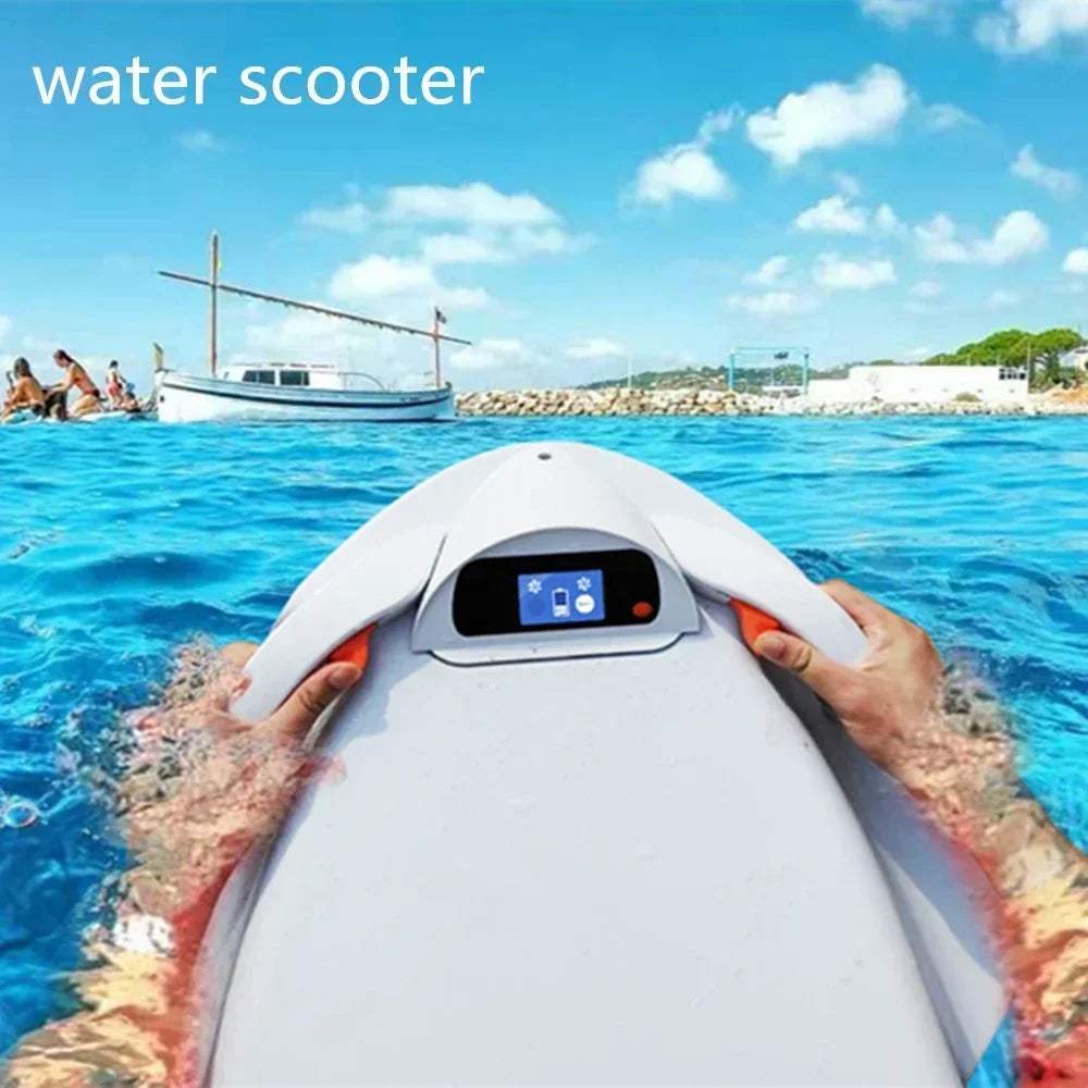 F2 motorized surfboard adult sea scooter – white with LCD display top view.
