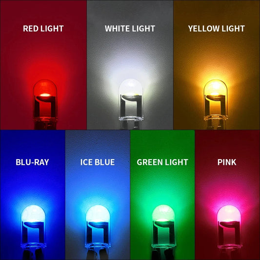 T10 LED bulb color variants: red, white, yellow, blue, ice blue, green, pink.
