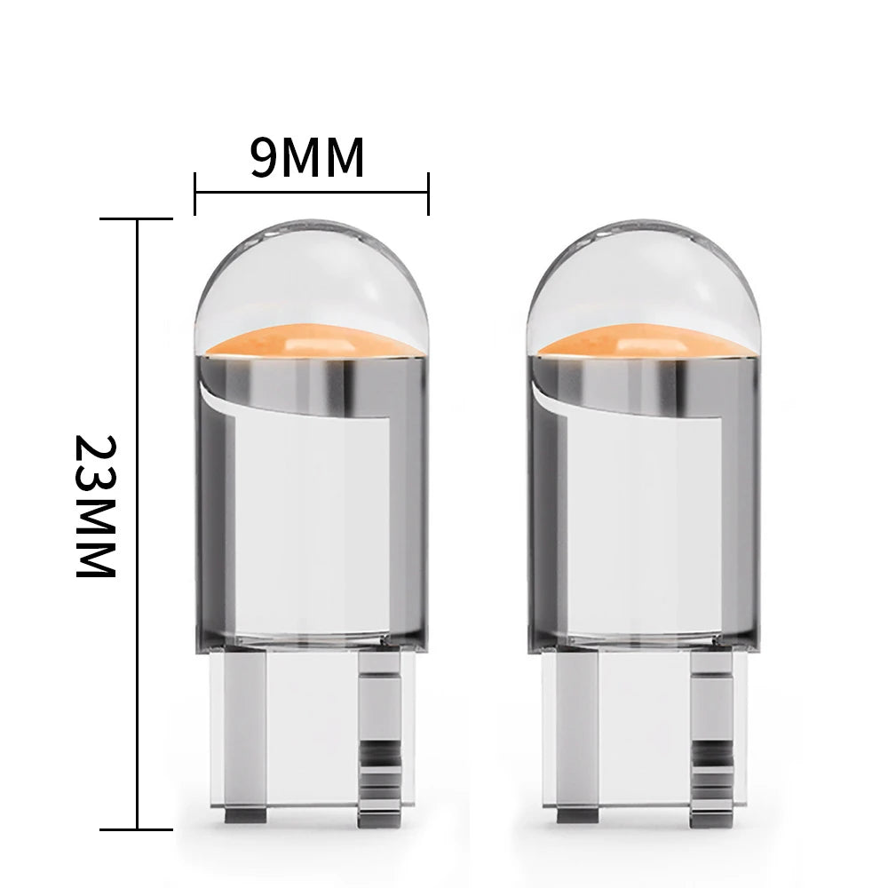 T10 W5W bulb dimensions 9mm x 23mm technical drawing.
