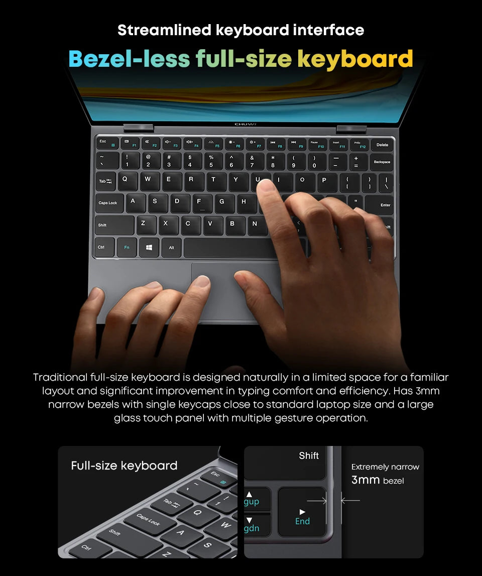 CHUWI MiniBook X technical specifications chart showing processor and memory details.


