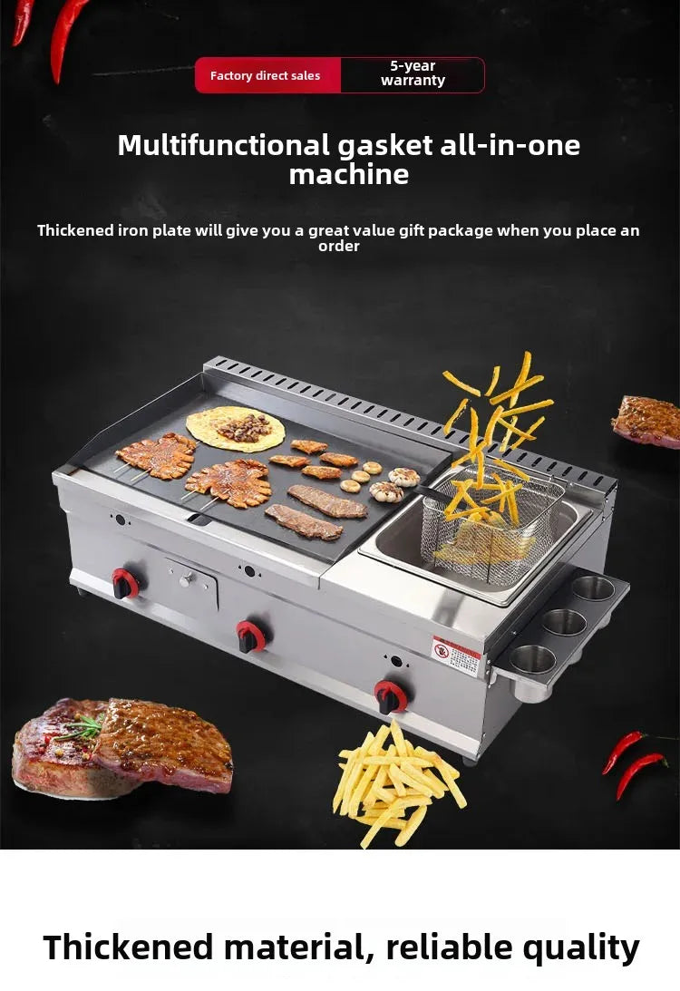 Commercial gas griddle fryer combo side view stainless steel construction restaurant.

