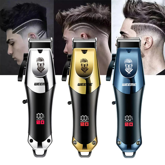 Electric hair cutting machine with nose trimmer LCD display battery indicator.
