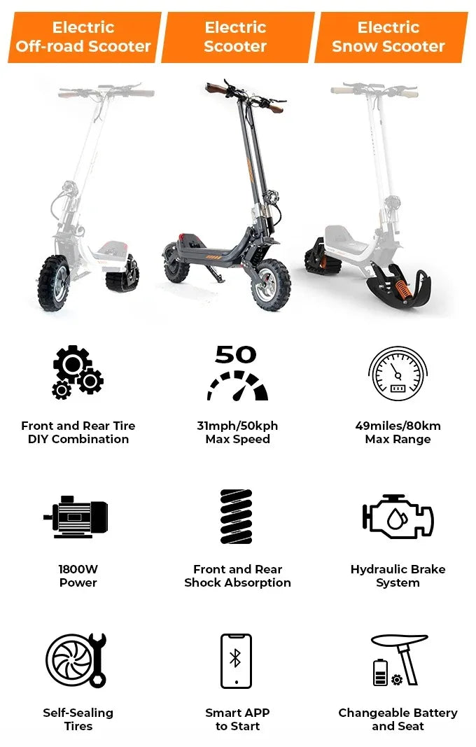 New Arrival 54.6V 2500W 3-in-1 Electric Snow Scooter E-Scooter with 20.8Ah/30Ah Removable Battery - Sled & Ski Electric Scooter