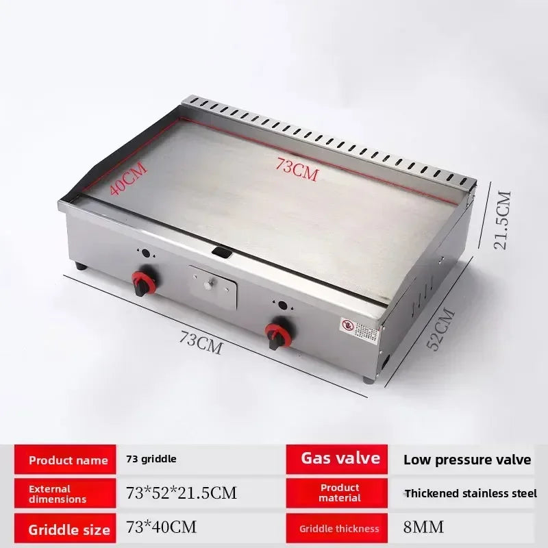 Commercial flat top gas griddle combo packaging and product specifications.

