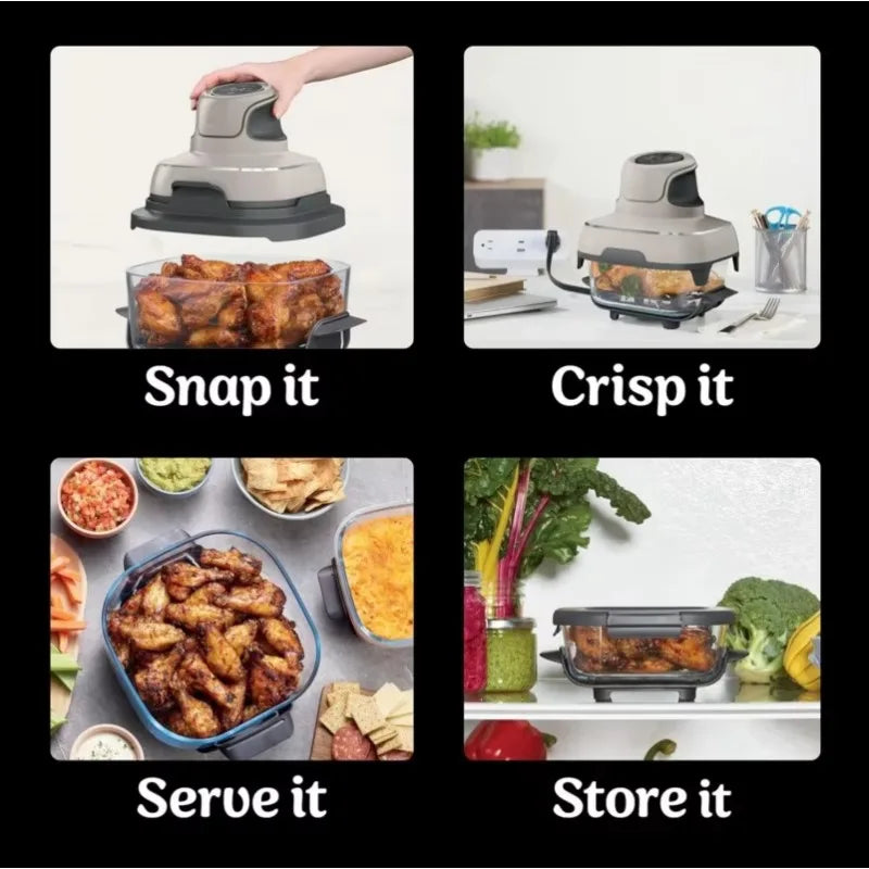 Multi-function air fryer showing crispy fried food results with 85% less oil than traditional frying.
