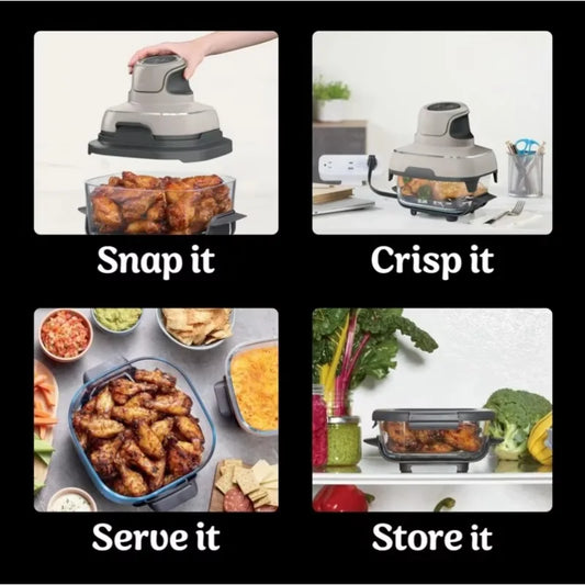 Multi-function air fryer showing crispy fried food results with 85% less oil than traditional frying.
