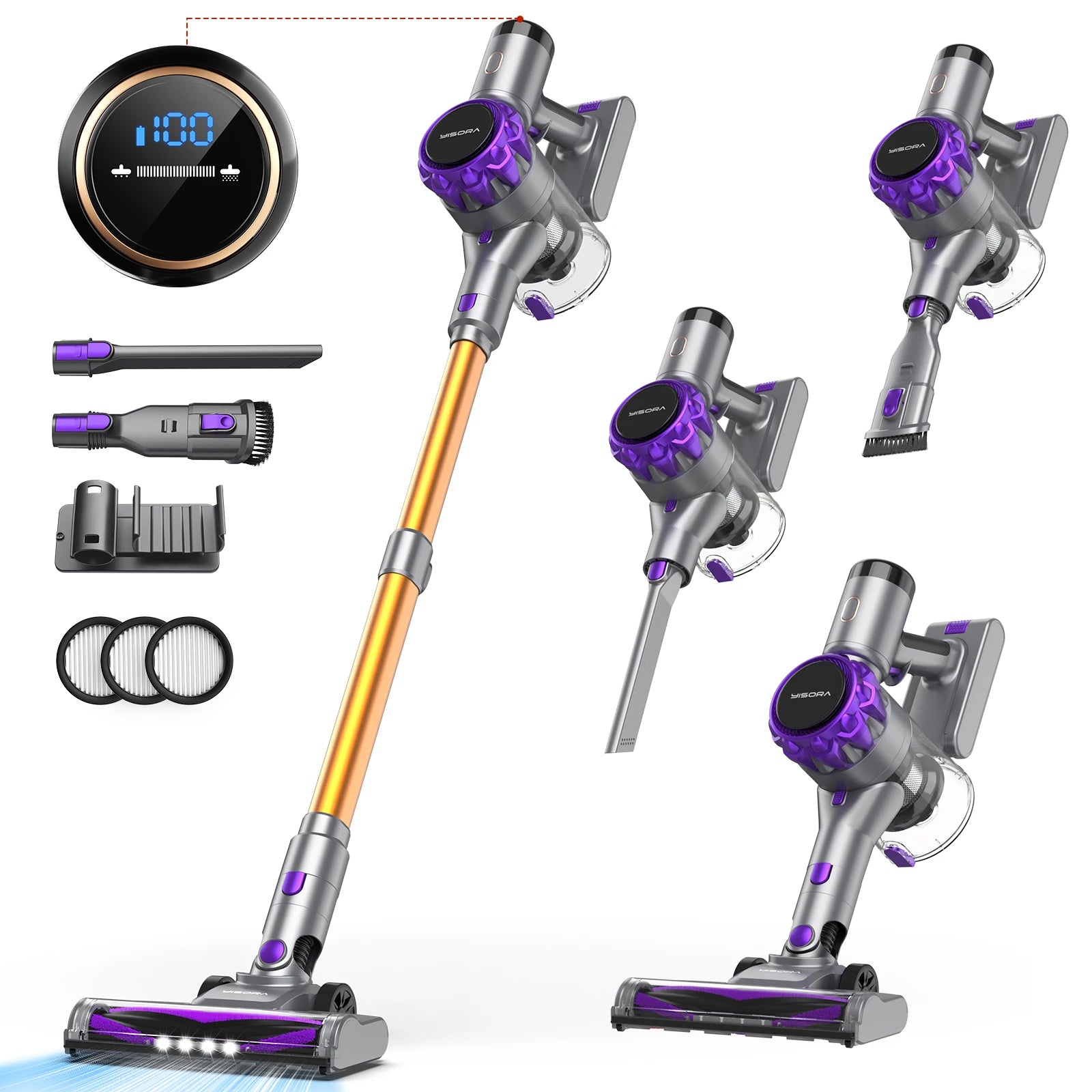 
YISORA Cordless Vacuum Cleaner 30Kpa with touchscreen display and 55 minute battery life.
