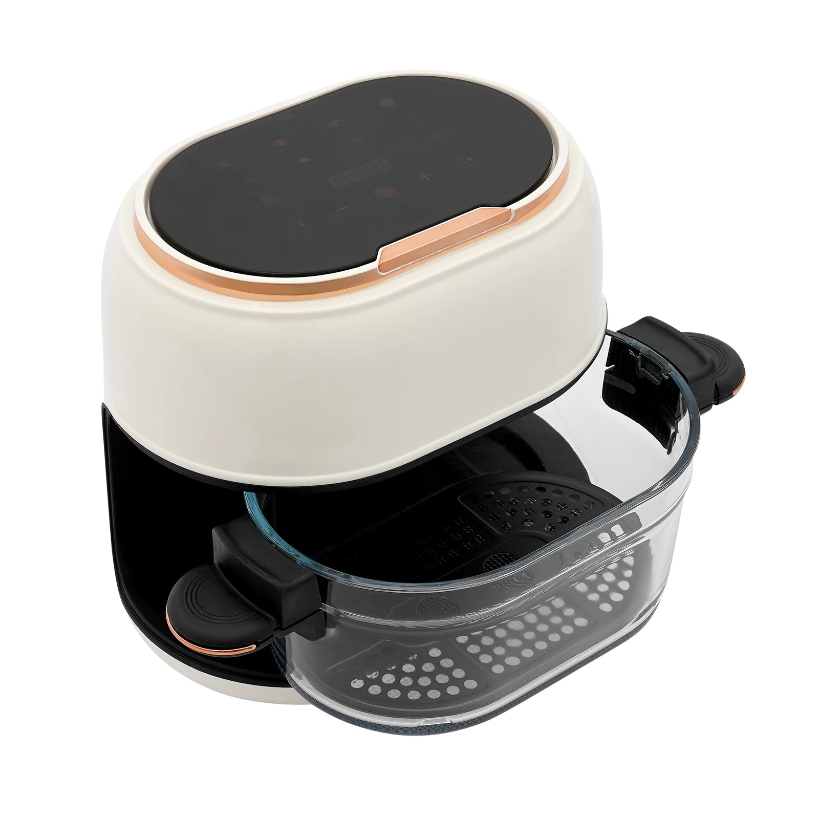 Air fryer white model with adjustable temperature settings.

