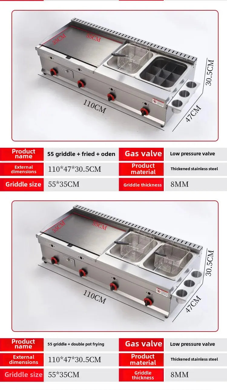 Commercial gas griddle combo with deep fryer basket and bain-marie food warmer.

