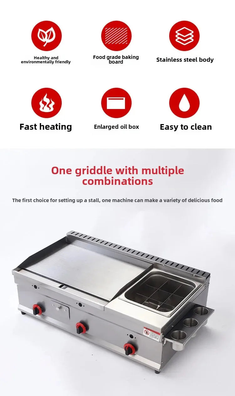 Professional flat top gas grill 55cm with three independent burner controls.

