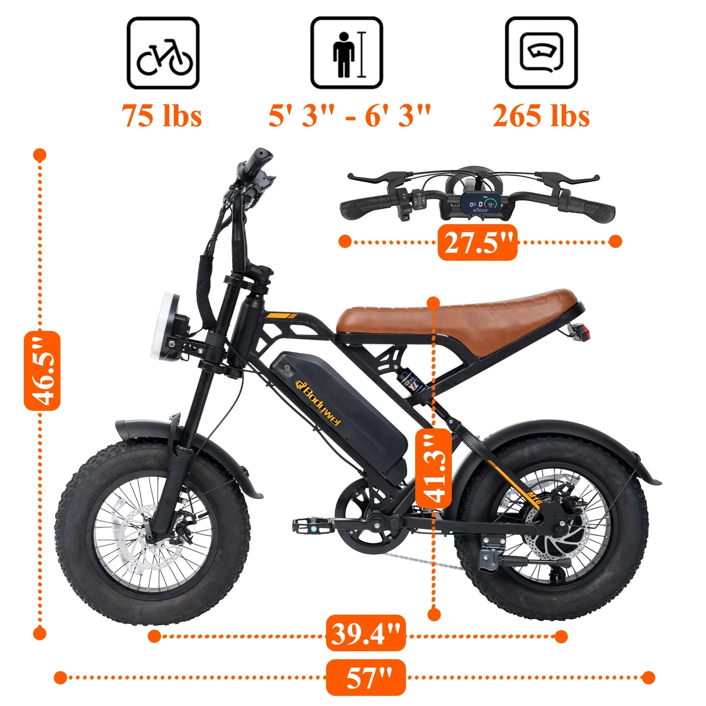 Bodywel M16 e-bike with carbon steel frame and brown leather seat.


