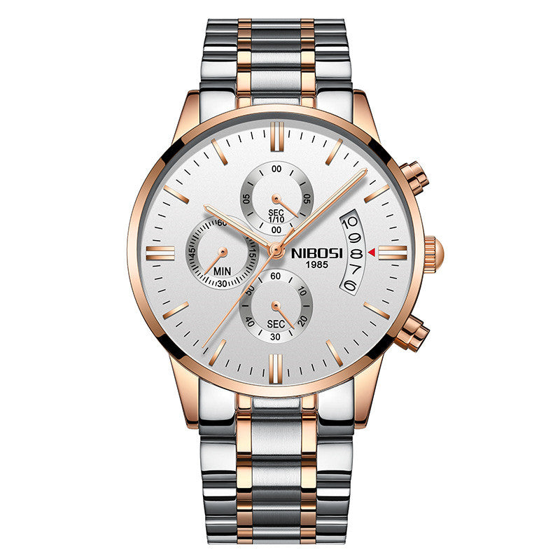 NIBOSI 1985 white dial men's watch stainless steel elegant.

