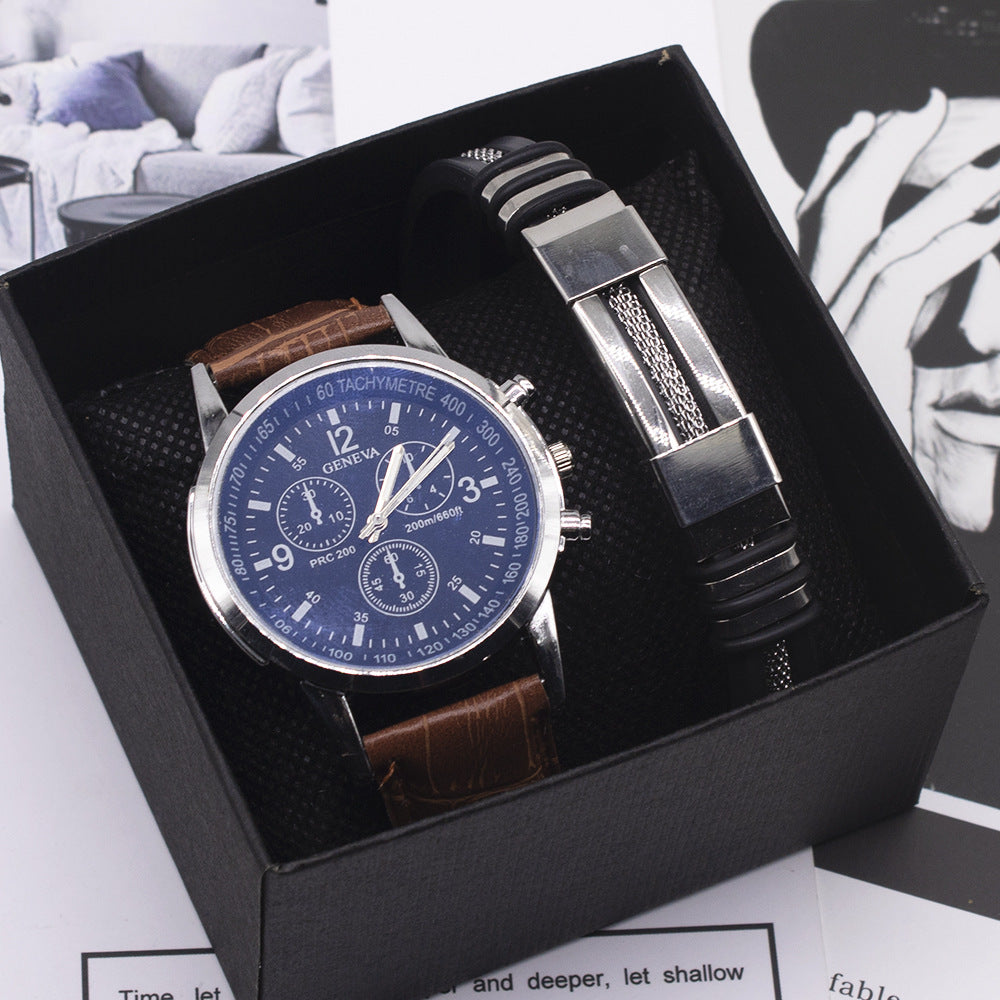 Men's classic quartz wrist watch blue glass chronograph dial 8 styles leather steel strap.

